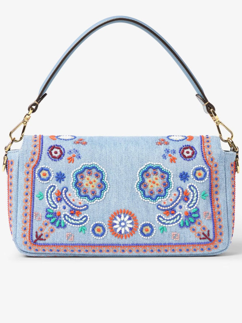 Fendi Rectangular Denim Baguette Bag With Floral Embroidery And Gold Accents