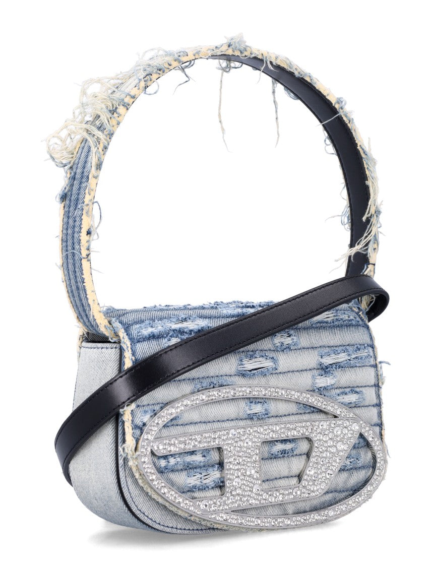 Diesel Structured Blue Denim Shoulder Bag With Rhinestone Logo