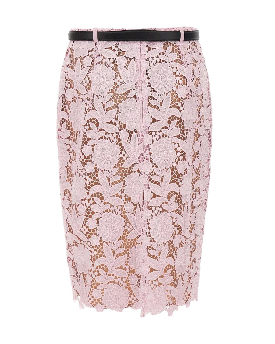 Self-Portrait Midi Floral Lace Skirt With Elegant Slit And Waist Belt
