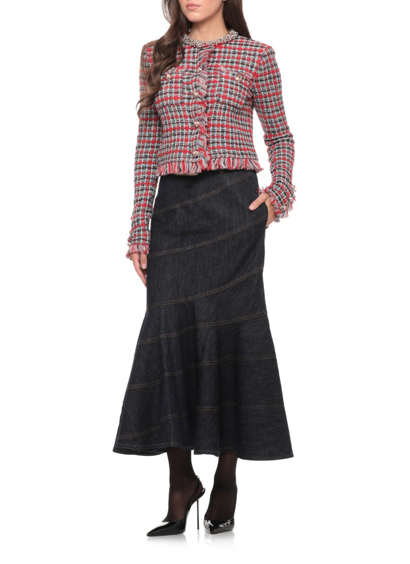 Self-Portrait Vibrant Checkered Jacket With Fringed Edges And Jeweled Accents