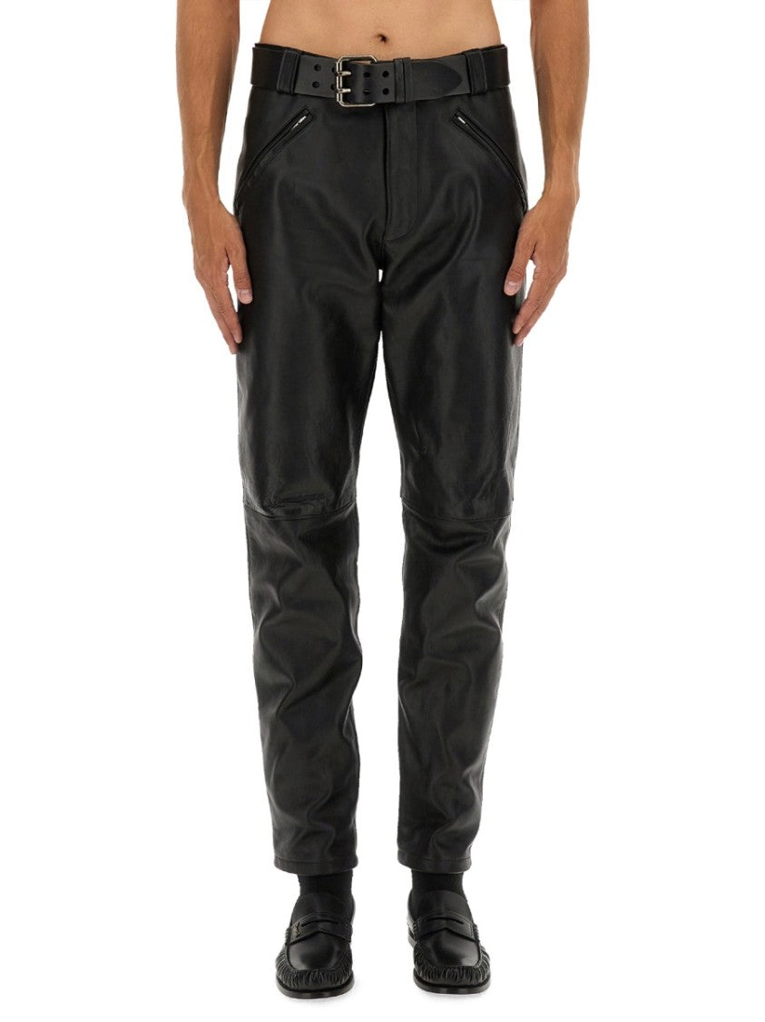 Saint Laurent Smooth Black Leather Pants With Tapered Silhouette