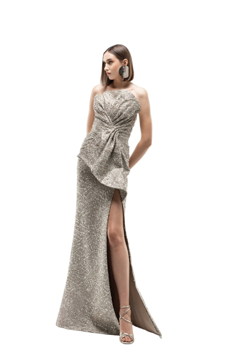 Saiid Kobeisy Gold Embellished Brocade Evening Dress With Asymmetrical Bow Detail
