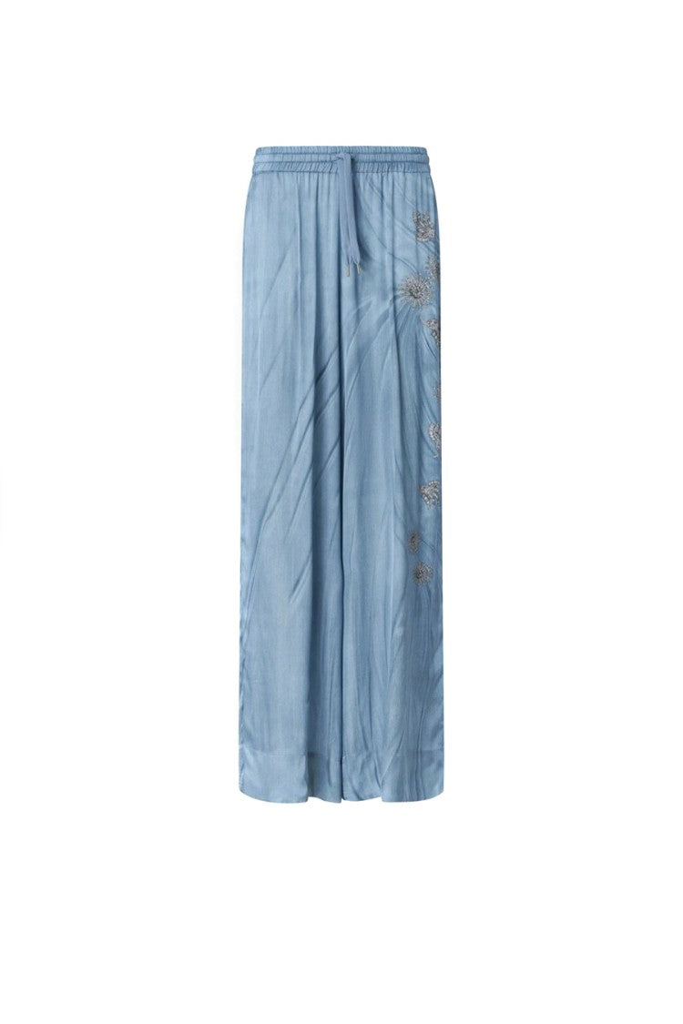 Pinko Blue Floral Embroidery Satin Viscose Wide-Leg Pants