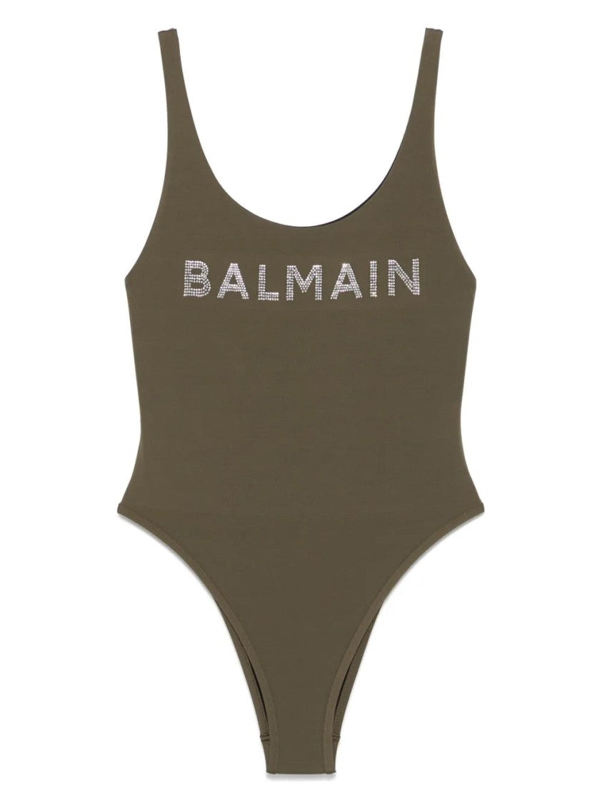 Balmain Green Swimsuit With Rhinestone Logo