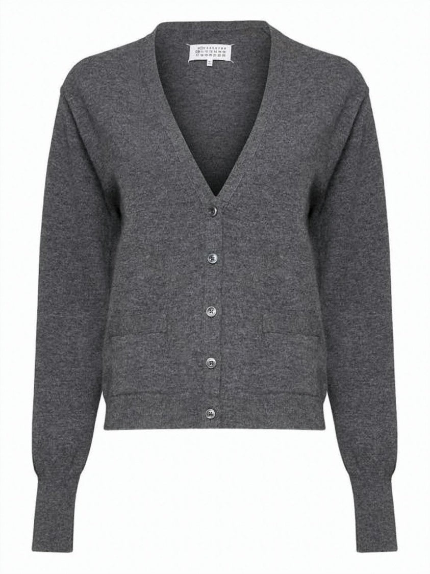 Maison Margiela Deep V-Neck Wool Cardigan With Ribbed Detailing