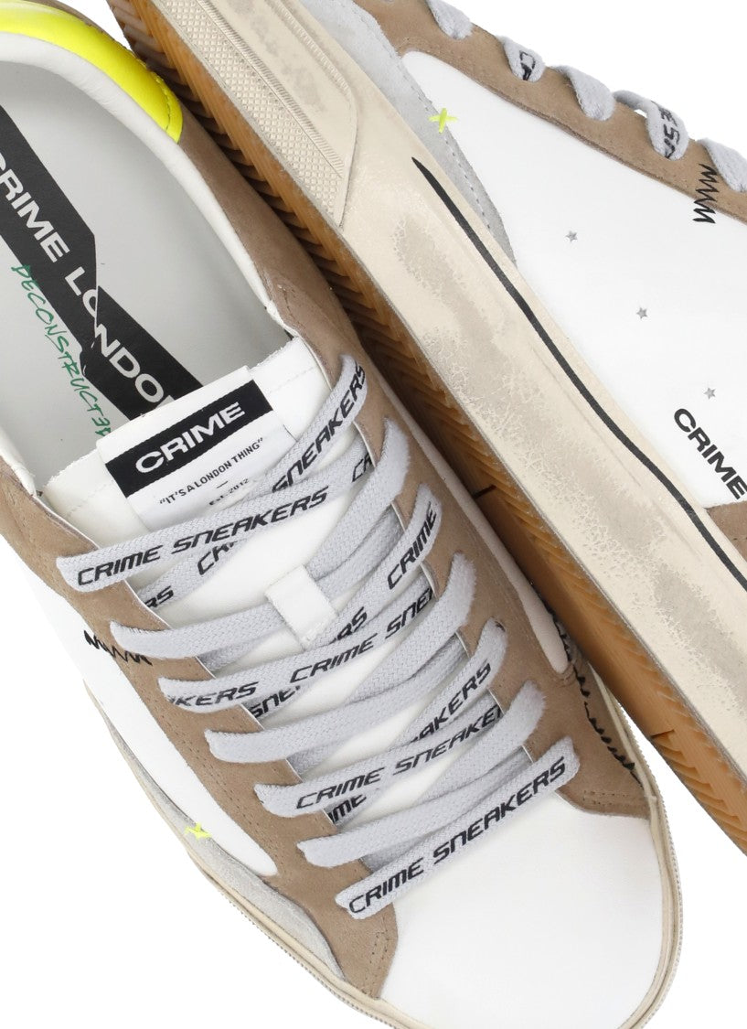 Crime London White Distressed Yellow Detail Leather Sneakers