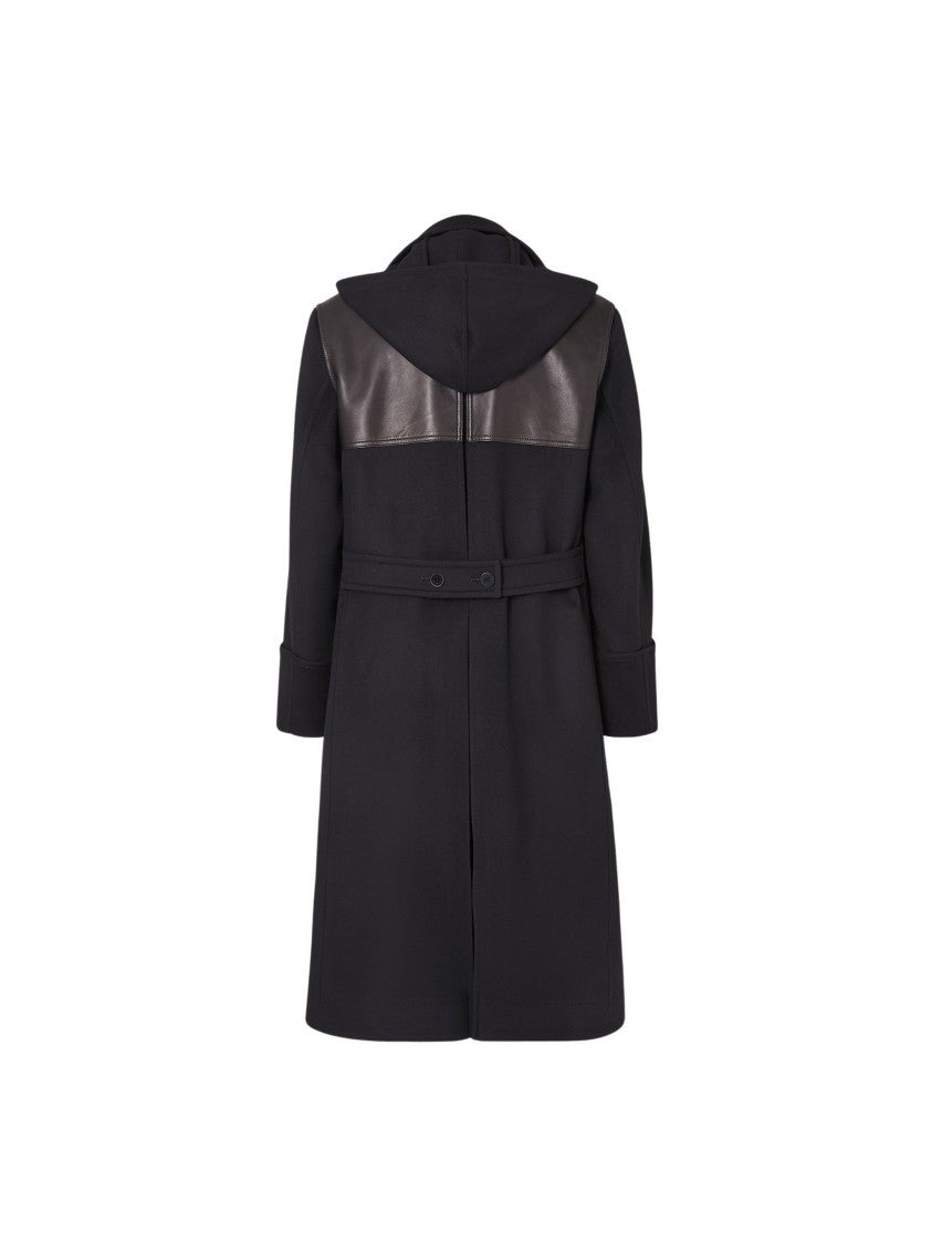 Fendi Black Double-Breasted Leather Yoke Virgin Wool Trench Coat