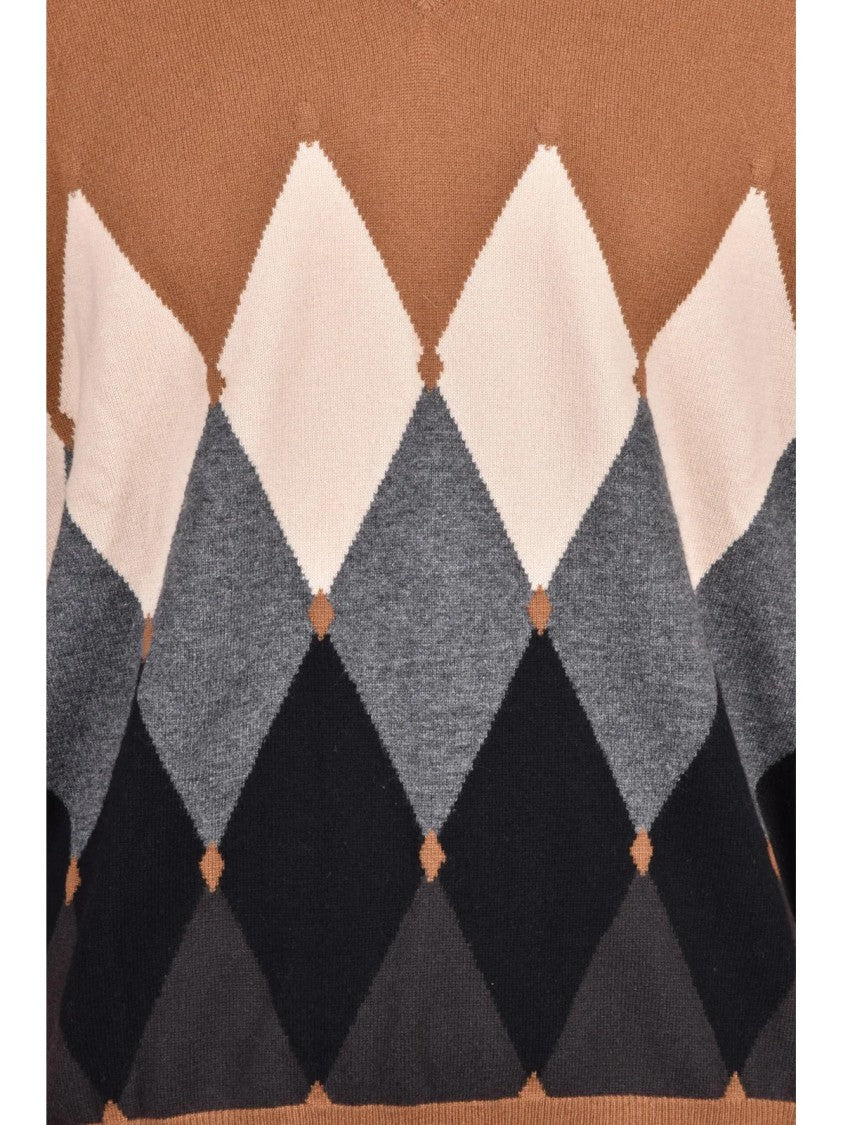Ballantyne Brown Argyle Cashmere V-Neck Sweater