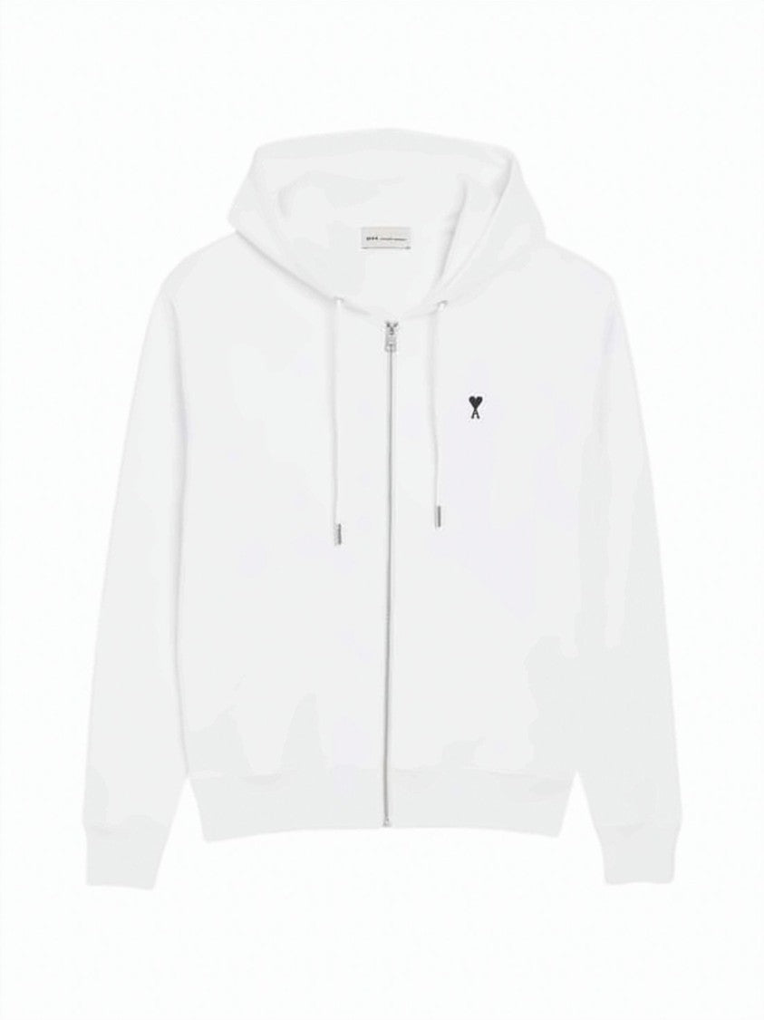 Ami Paris White Zip-Up Hoodie With Drawstring Hood