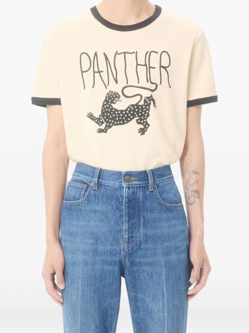 Valentino Light Beige Graphic Panther Cotton T-Shirt