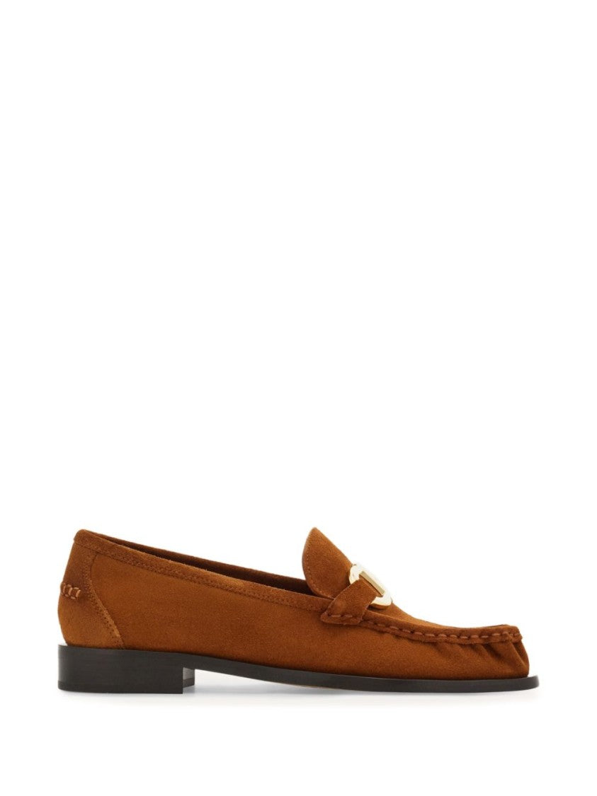 Ferragamo Moccasin-Style Gold-Accent Suede Flats
