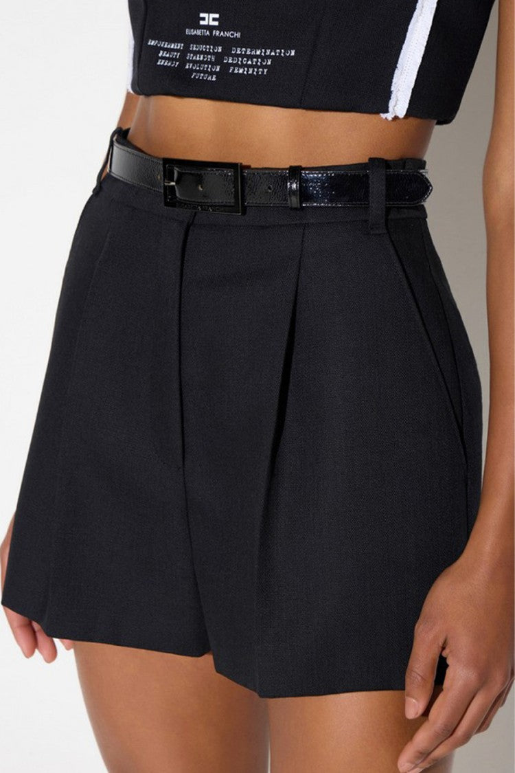 Elisabetta Franchi Black Wool Buckle-Belt Pleated Shorts