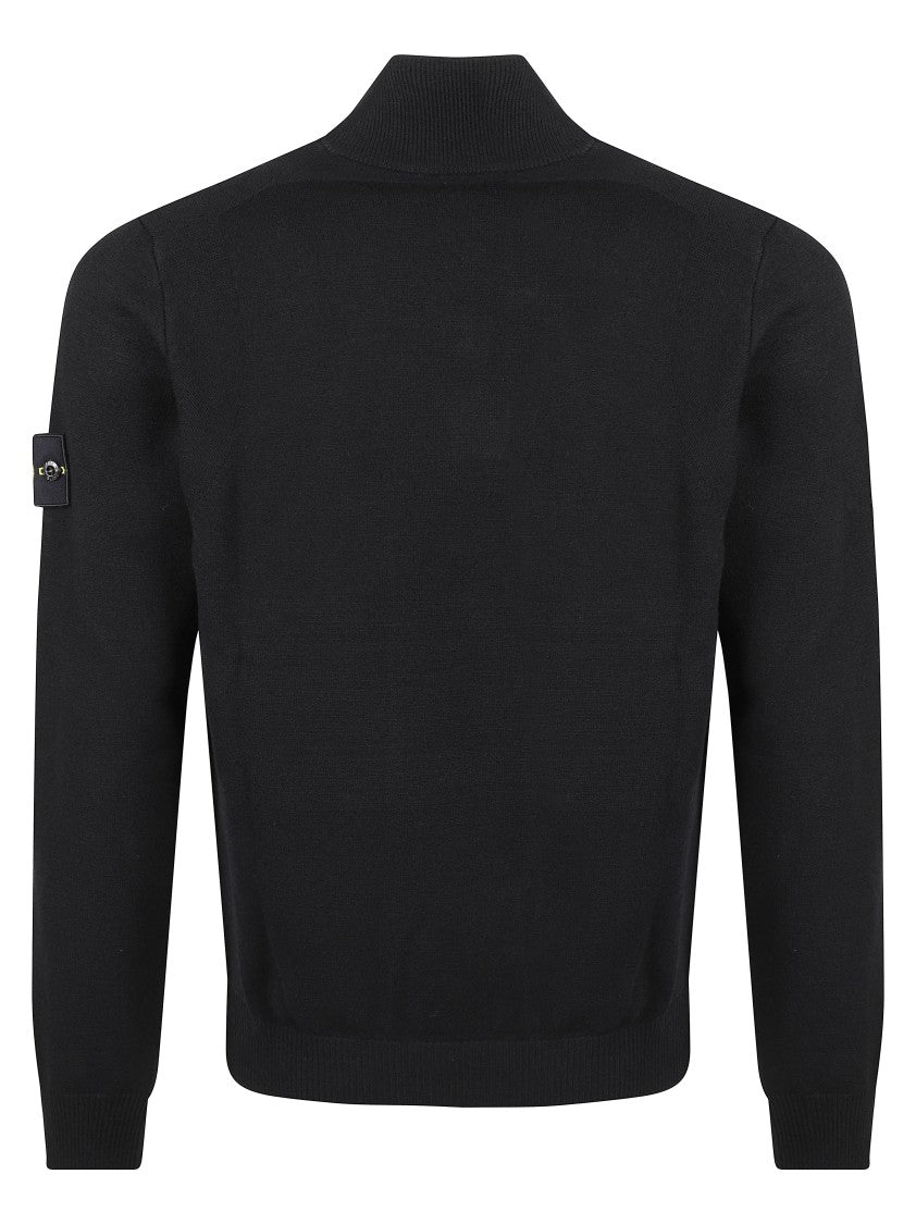 Stone Island High-Collar Black Pullover With Buttoned Placket