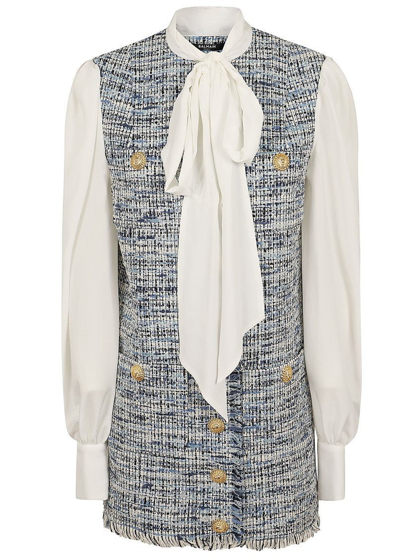 Balmain 4 Pkts Pussy Bowl Tweed Crepe Dress