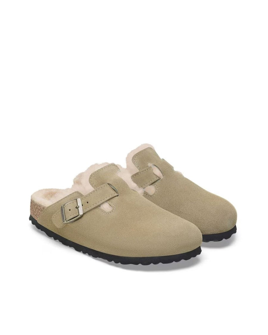 Birkenstock Taupe Boston Shearling Suede Slippers