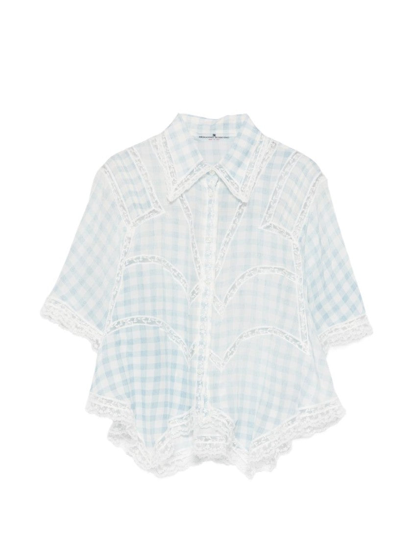 Ermanno Scervino Light Blue Silk Shirt With Sheer Panels And Lace Trim