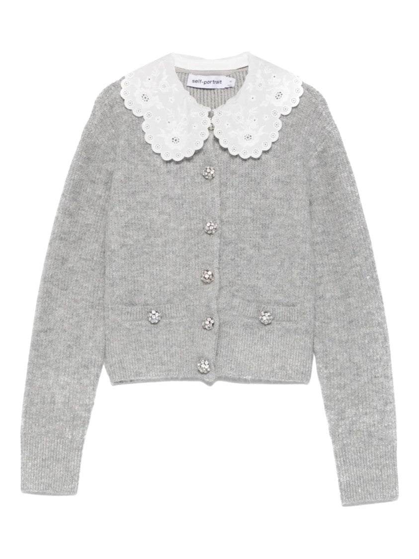 Self-Portrait Light Gray Jeweled Button Cardigan
