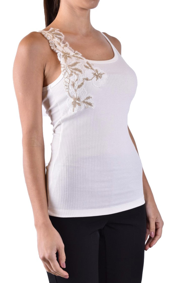 Ermanno Fitted Top With Floral Embroidery And Ribbed Texture