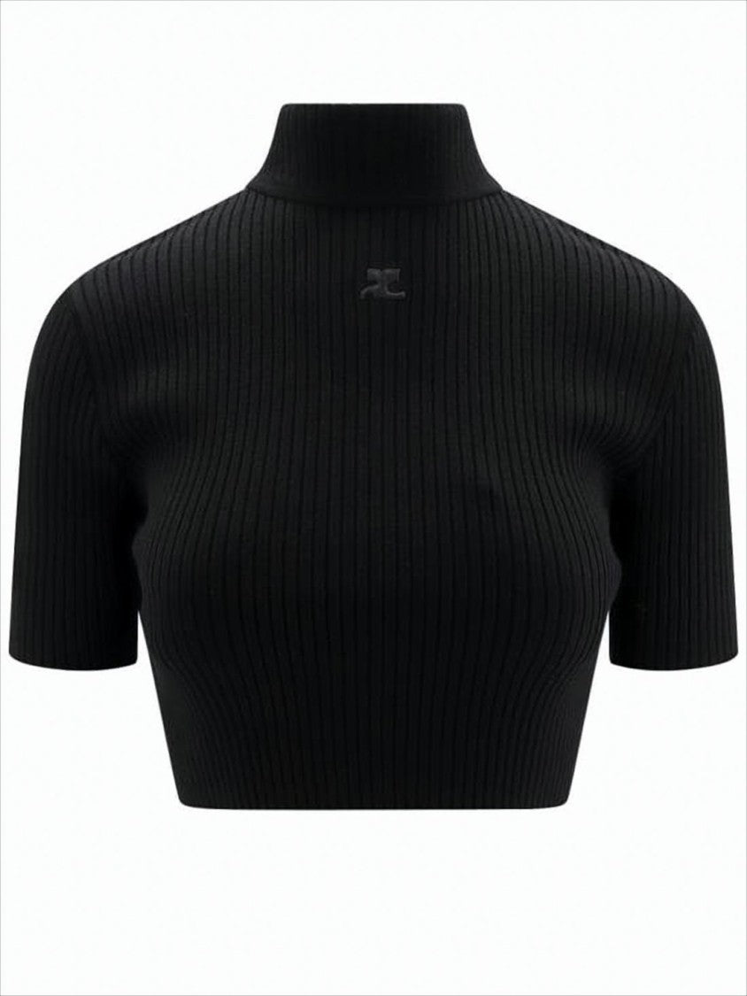Courrèges Ribbed Black Crop Top With High Neckline