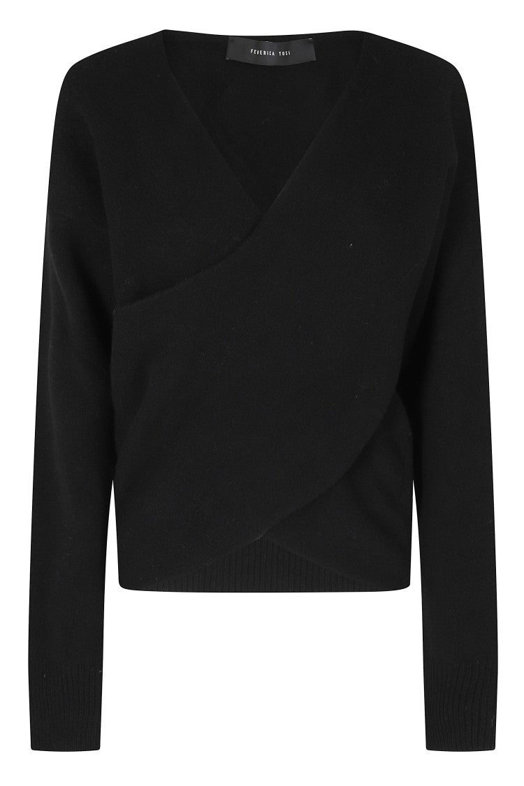 Federica Tosi Black Cross-Over V-Neck Wool-Blend Sweater