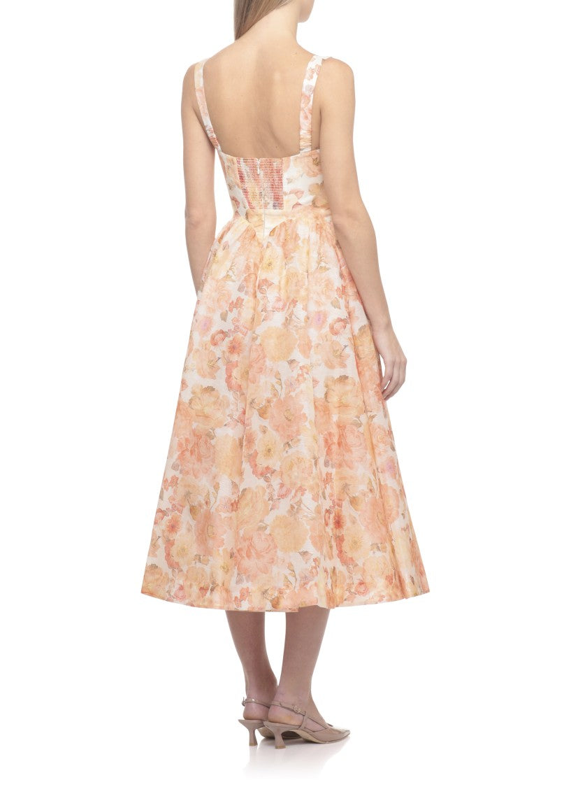 Zimmermann Rebllion Drape Midi Dress With Flared Skirt And Floral Design