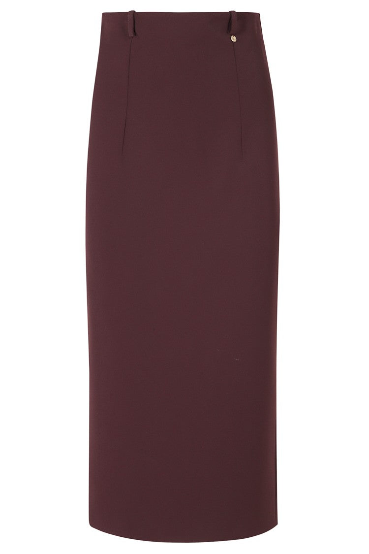 Nissa Bordeaux Belt Loops Back Slit Pockets Polyester Midi Skirt