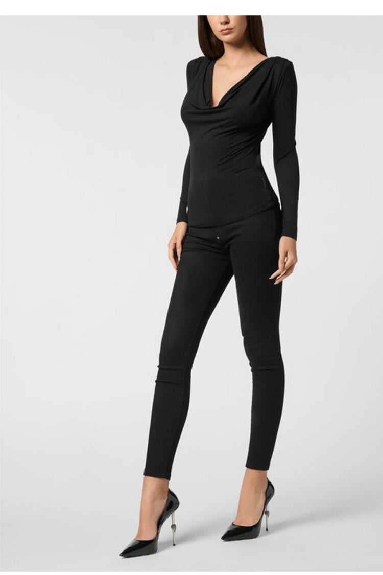 Philipp Plein Black Modal Cowl-Neck Long-Sleeve Top
