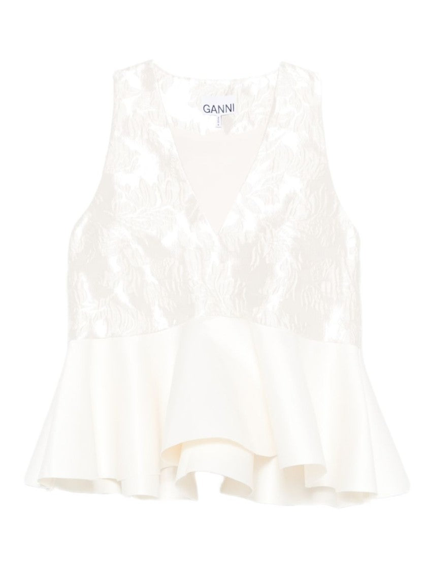 Ganni Floral Jacquard Peplum Top With V-Neckline