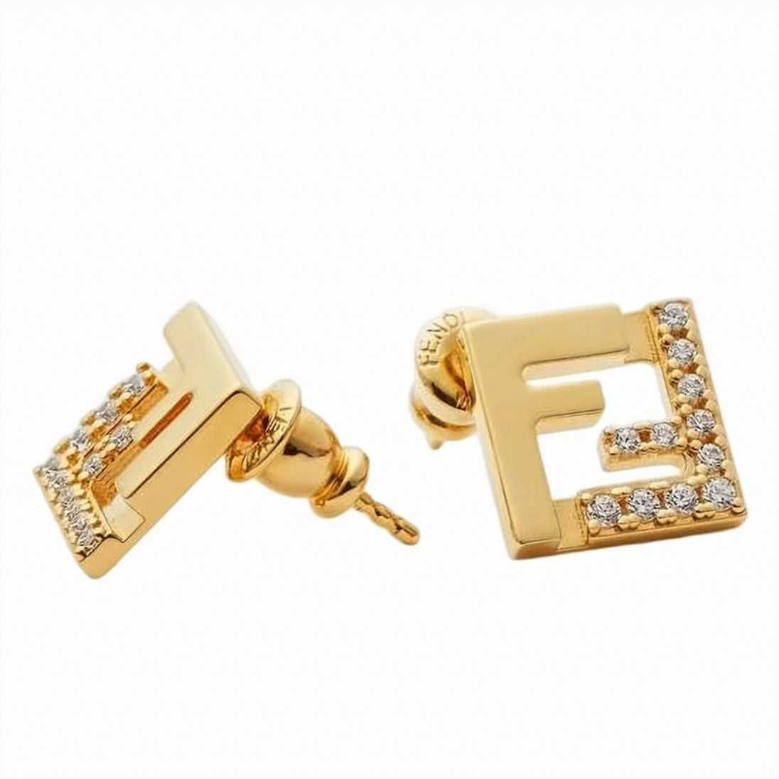 Fendi Geometric Gold Earrings With Crystal Accents