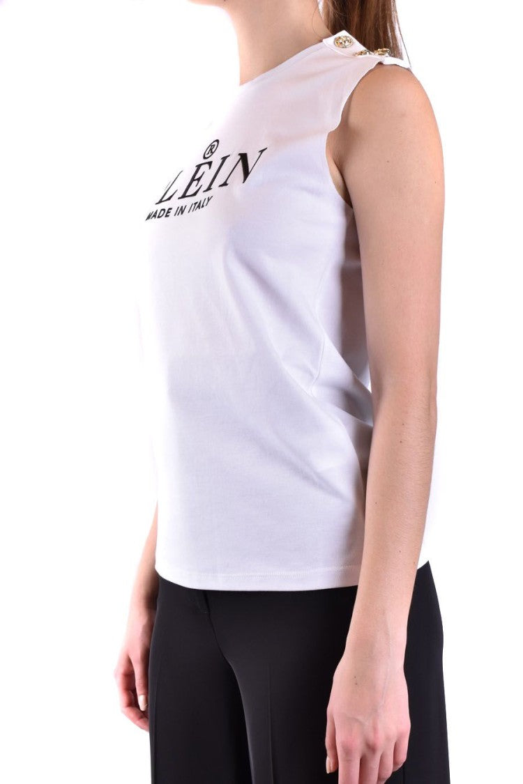 Philipp Plein Sleeveless White Cotton Top Bold Detailing