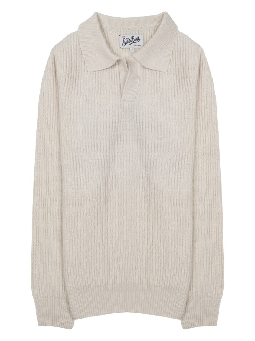 Mc2 Saint Barth Black Ribbed Knit Wool Polo Shirt