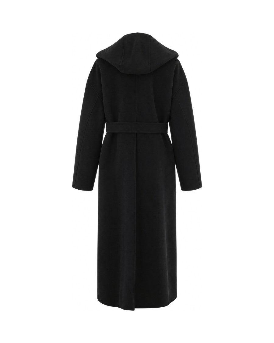 Sportmax Nero Olmo Hooded Bib Belted Wool Coat