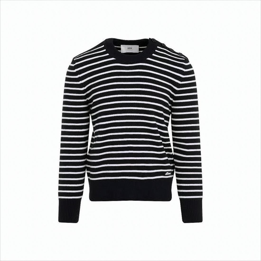 Ami Paris Horizontal Stripe Knit Sweater With Shoulder Button Detail