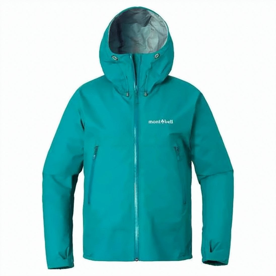 Montbell Solid Teal Jacket With Front Zipper Closure And Hood