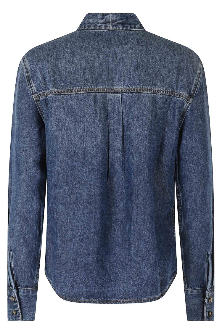 Self-Portrait Denim Lyocell Tie-Neck Casual Shirt
