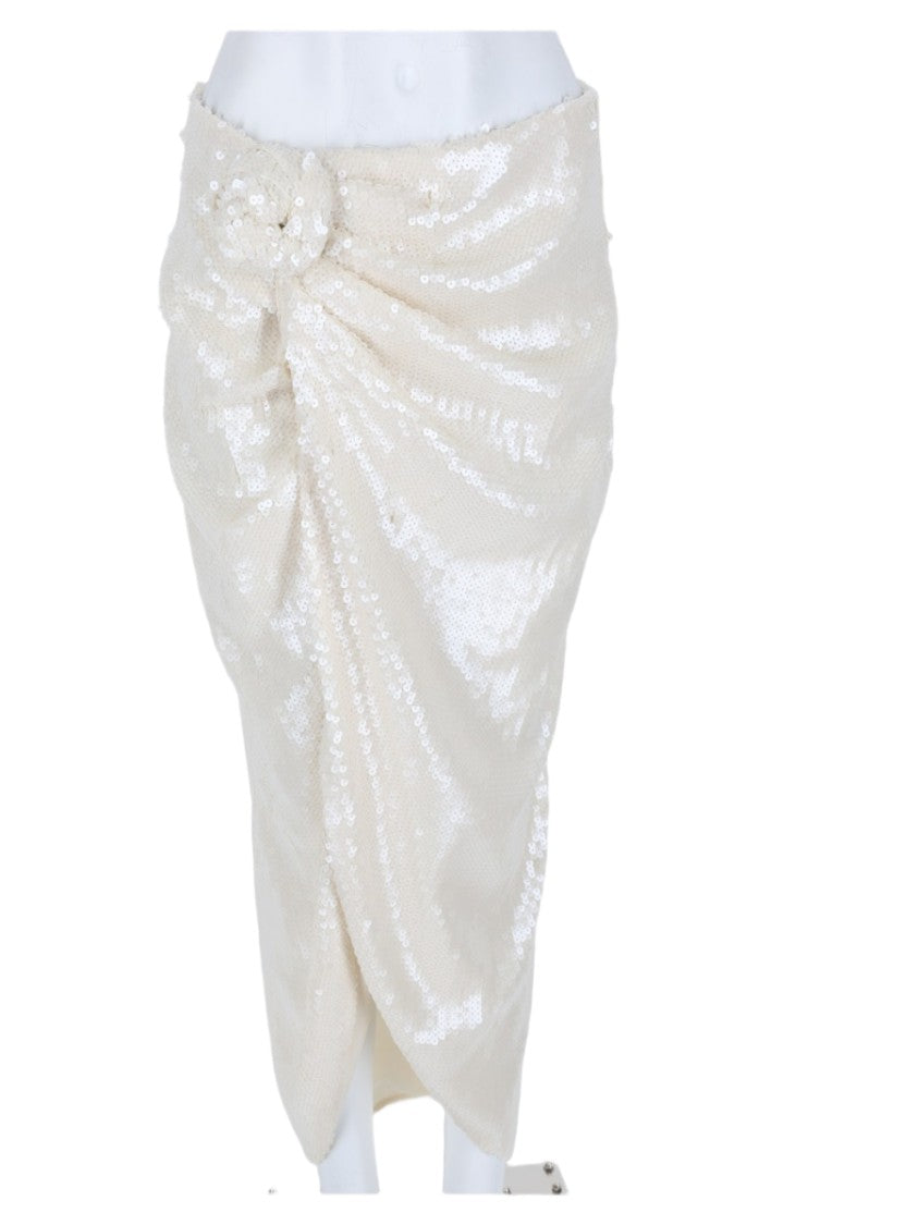 Rotate Knee-Length Beige Skirt With Textured Sequin Finish And Floral Detail