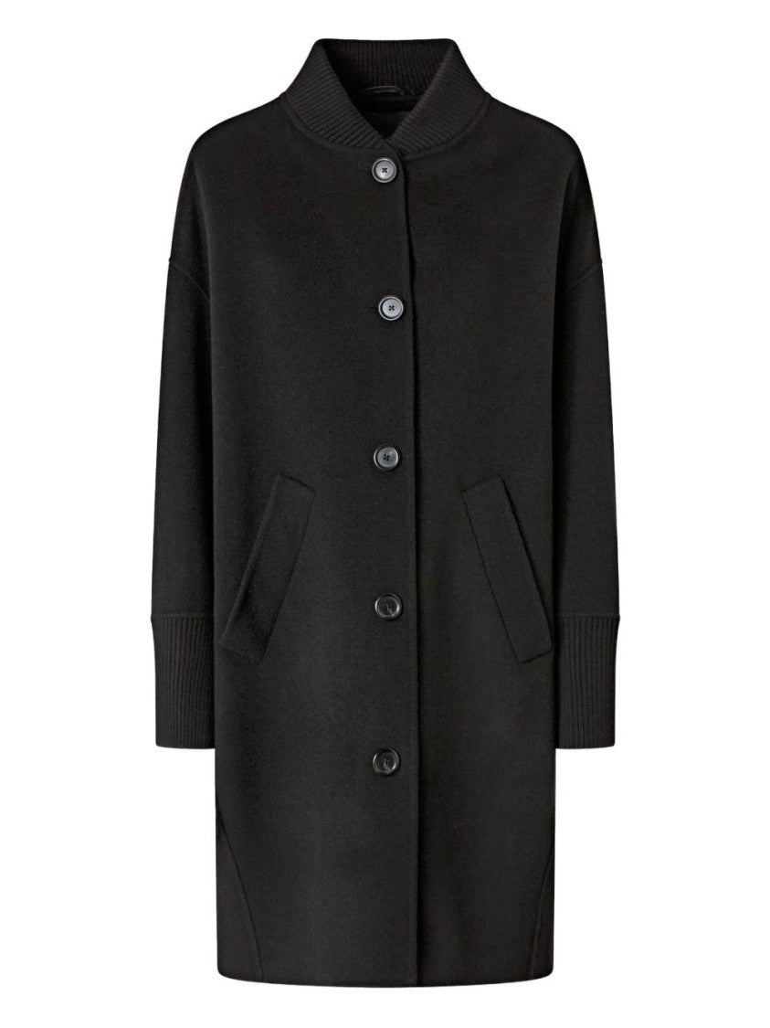 Pinko Tailored Black Wool Coat With Ribbed Details