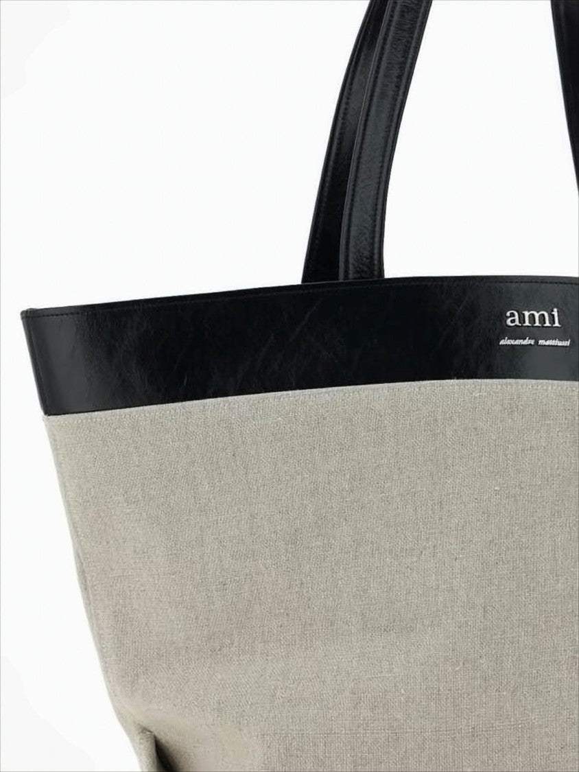 Ami Paris Beige Canvas Tote Bag With Black Leather Trim