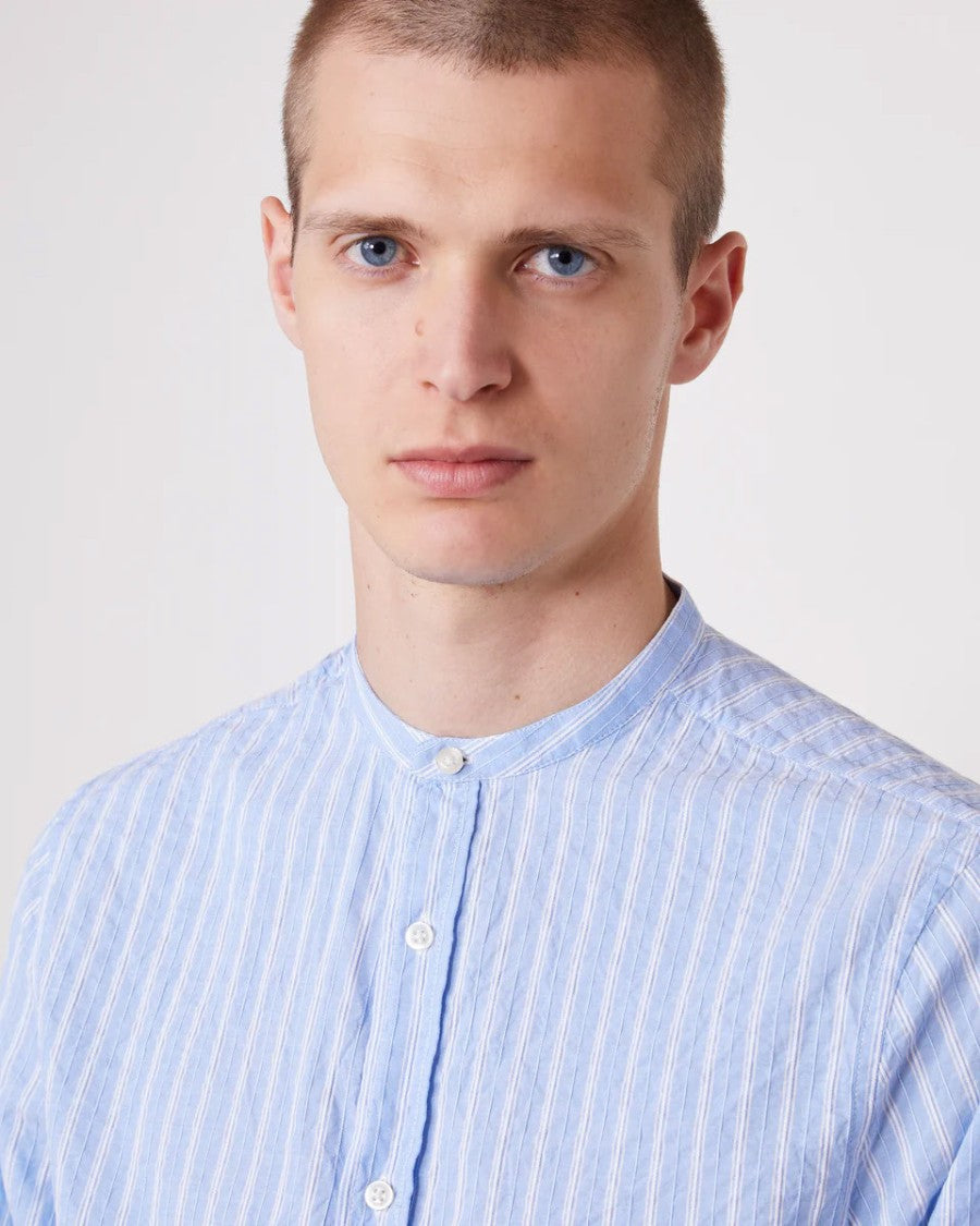 Officine Generale Band Collar Shirt With Gathered Pleats