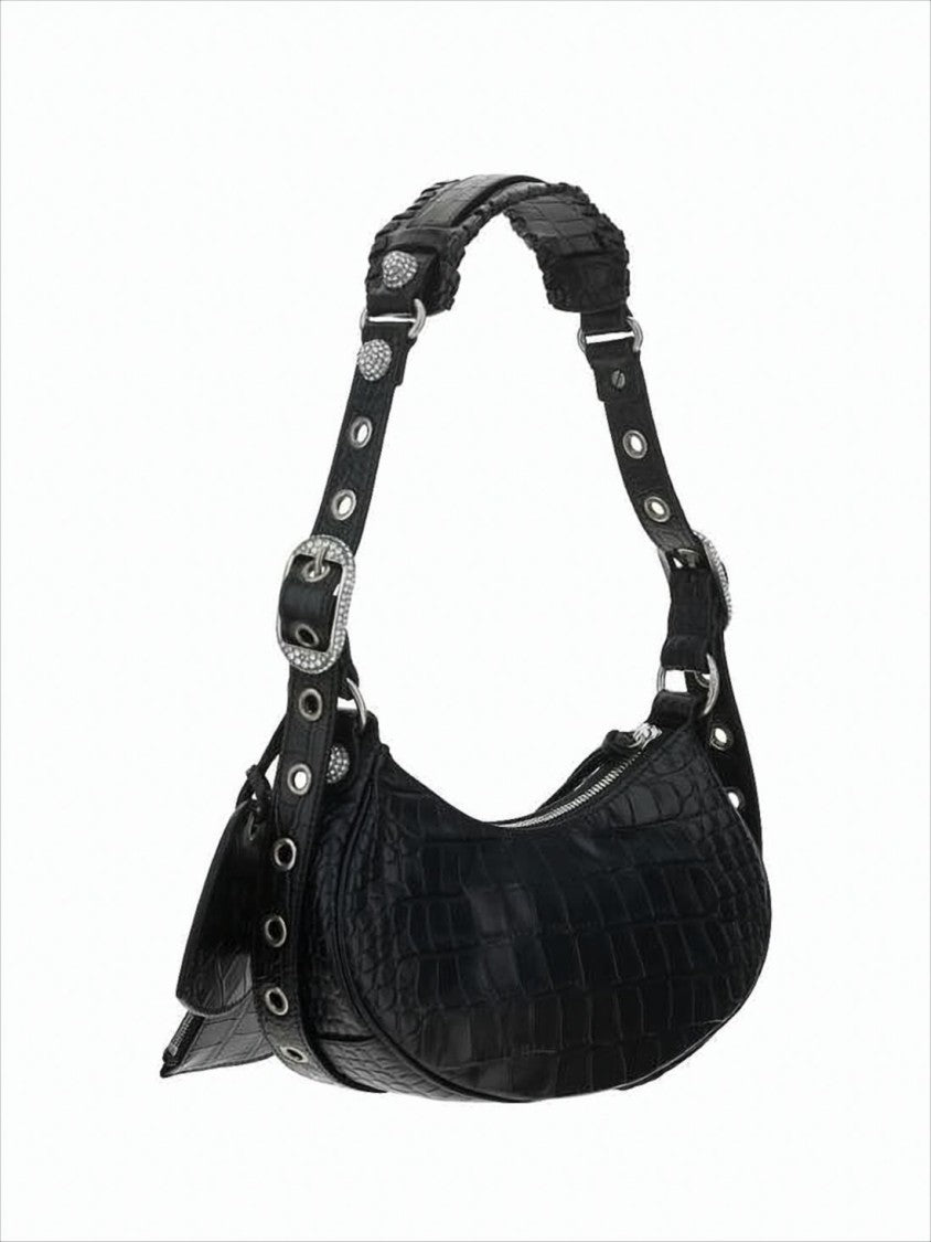 Balenciaga Textured Calf Leather Shoulder Bag With Crocodile Pattern And Silver Studs