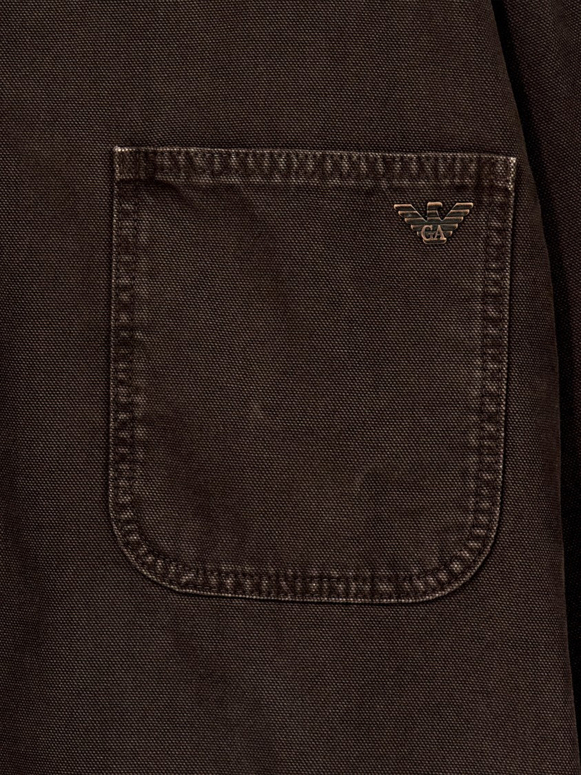 Emporio Armani Boxy Brown Coat With Corduroy Collar And Utility Pockets