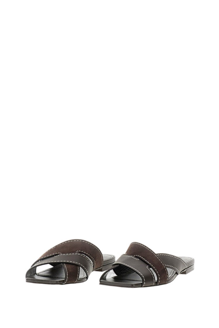 Tod's Beige Smooth & Suede Leather Flat Sandals