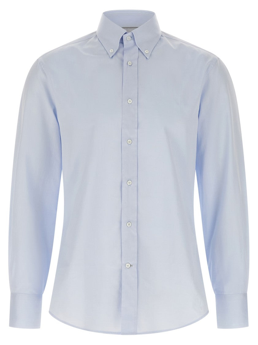 Brunello Cucinelli Tailored Blue Cotton Button-Down Shirt With Cuffed Sleeves
