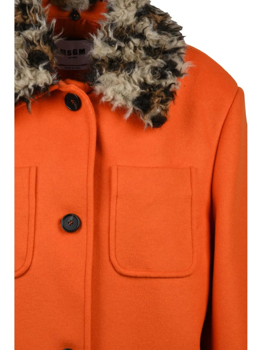 Msgm Long Virgin Wool And Polyamide Coat With Detachable Plush Collar