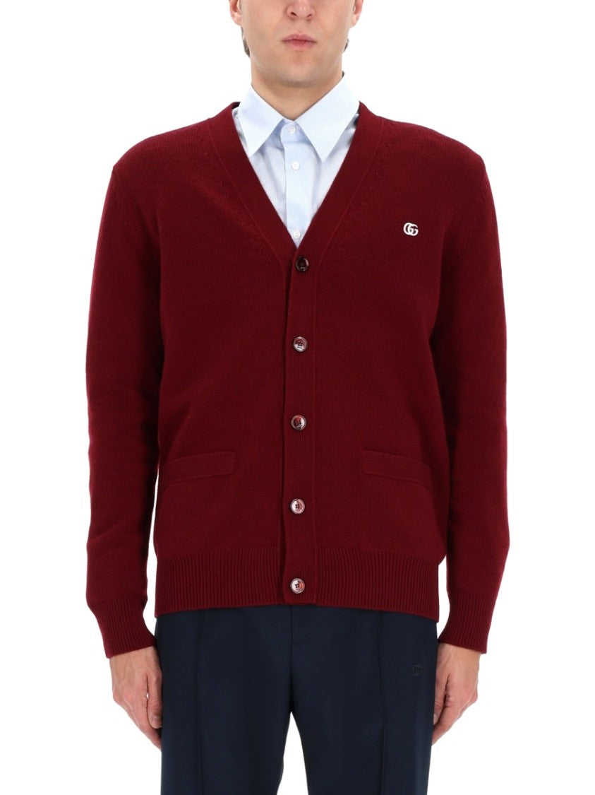 Gucci Burgundy Cardigan With Deep V-Neck And Embroidered Logo
