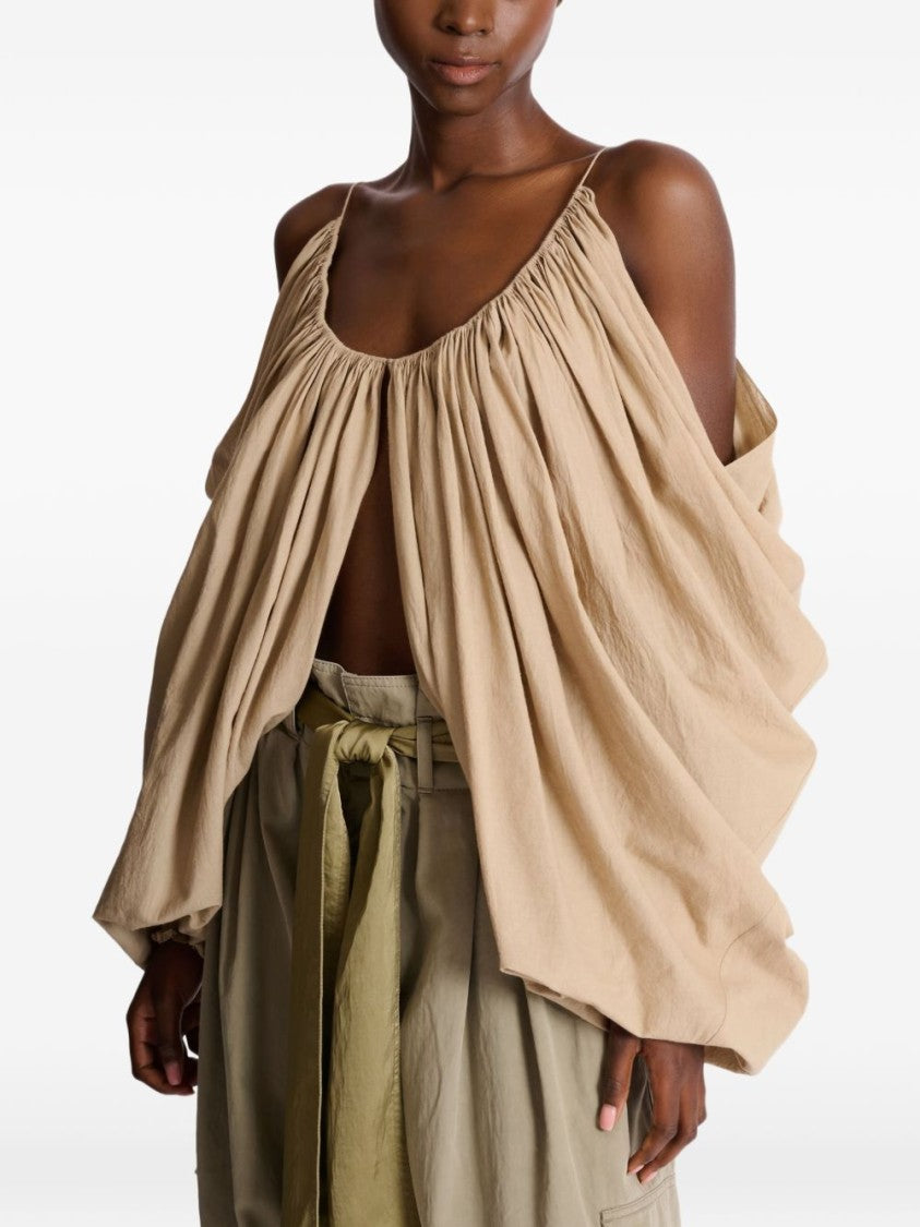 Balmain Beige Gathered Cut Out Cotton Top