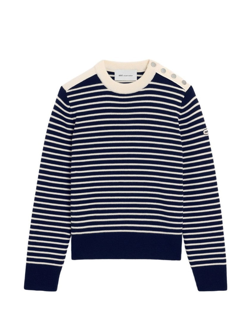 Ami Paris Navy And White Striped Sweater With Contrasting Cream Panel