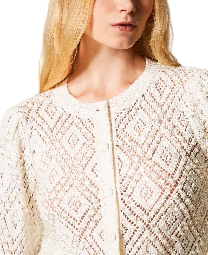 Twin-Set Cotton Punched Diamond Pearl Accent Scalloped Cardigan