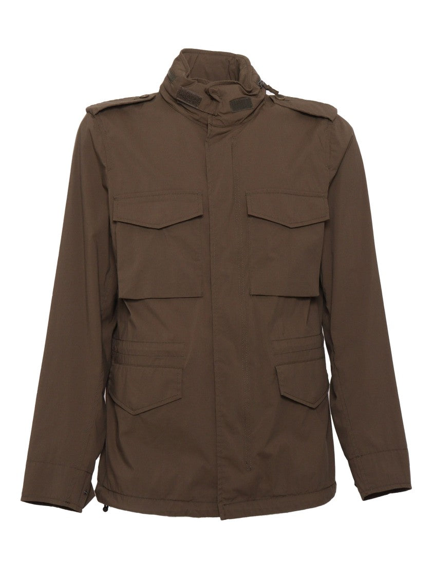 Aspesi Structured High Collar Brown Jacket With Multiple Pockets