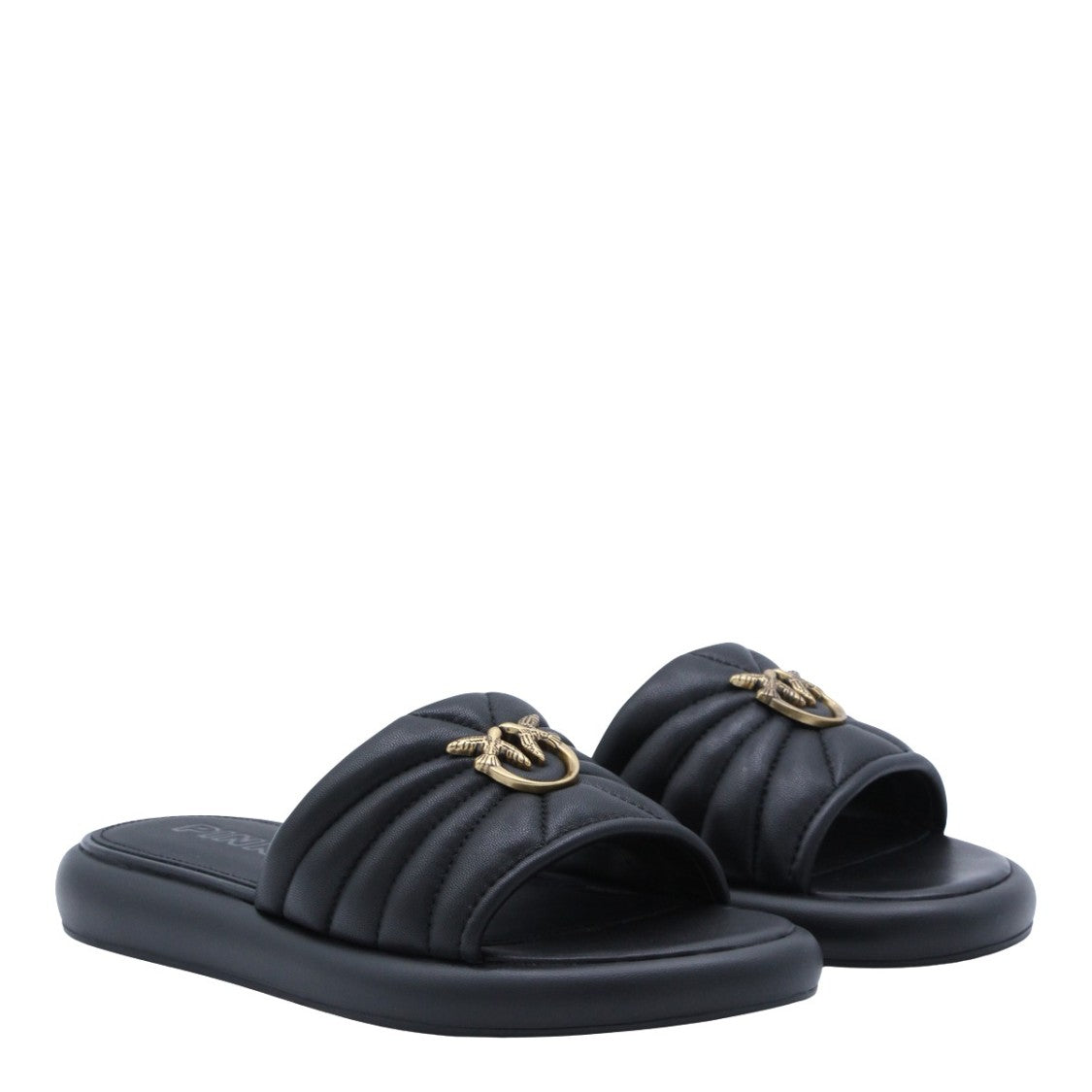 Pinko Black Flats With Padded Quilted Strap And Decorative Emblem